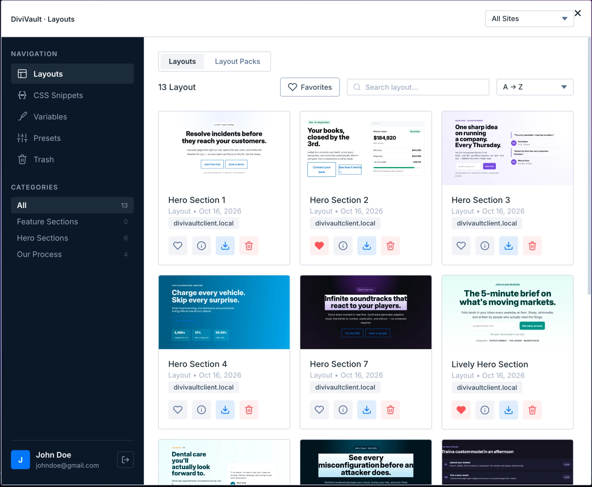 The DiviVault library window in the Visual Builder, showing My Layouts with a grid of saved layouts