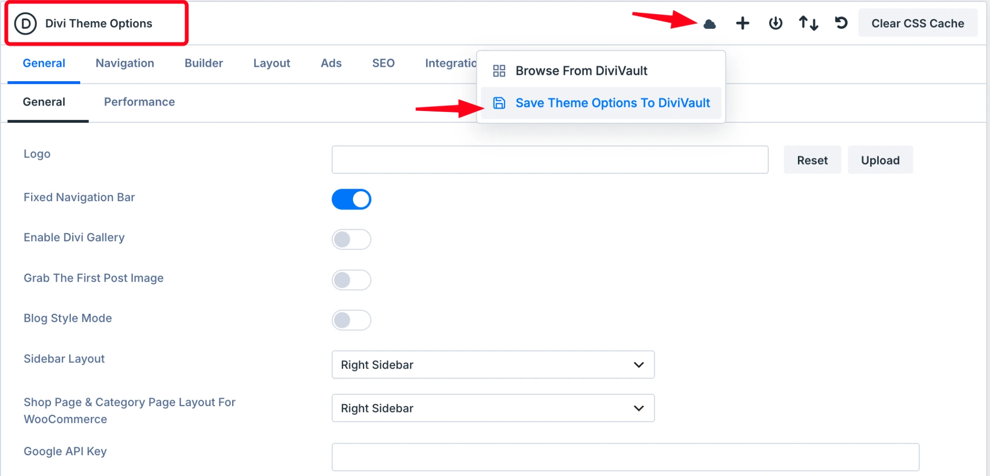 Divi Theme Options with a menu to browse from DiviVault or save Theme Options to DiviVault