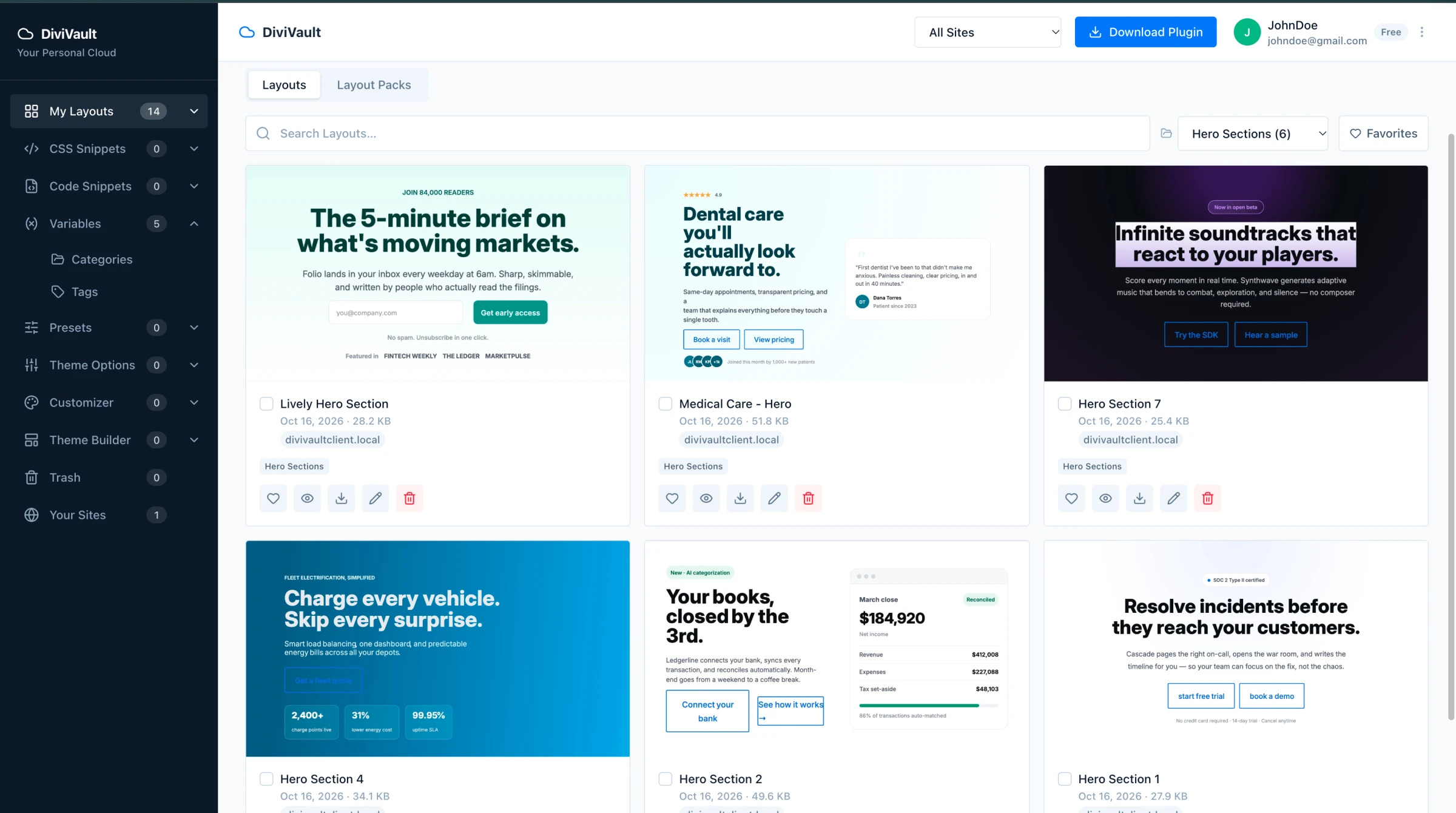 The DiviVault shared layout library open in the Divi 5 Visual Builder